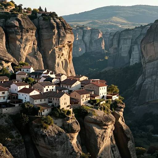 Dreamlike Village Between Towering Cliffs
