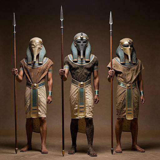 Photograph of three ancient Egyptian warriors in detailed, gold and blue-striped headdresses, beige kilts, and holding tall spears, standing against a