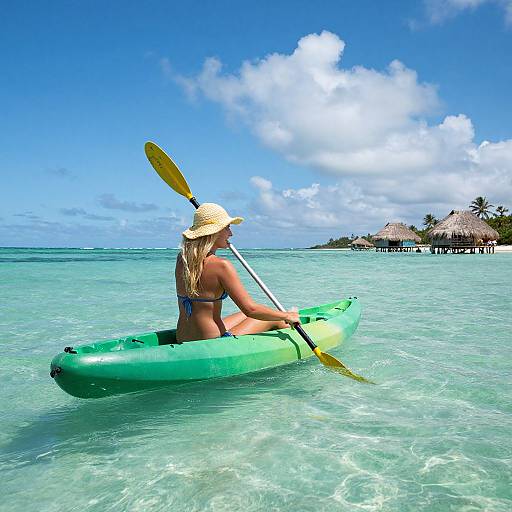 Photograph of a blonde woman in a blue bikini and straw hat kayaking in clear turquoise water, with overwater bungalows and palm trees in