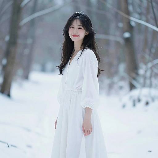 Photograph of an Asian woman with long black hair, wearing a white dress, standing in a snowy forest with blurred trees.