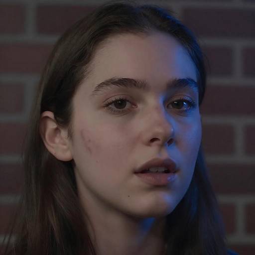 Young Woman with Blue Light and Facial Bruises