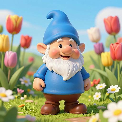 3D CGI of a cheerful, chubby gnome with a blue hat and shirt, white beard, brown pants, and brown shoes, standing in a vibrant
