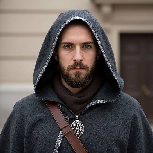 Photograph of a bearded man with intense gaze, wearing a dark hooded cloak with intricate white trim, and a brown strap with a circular pendant