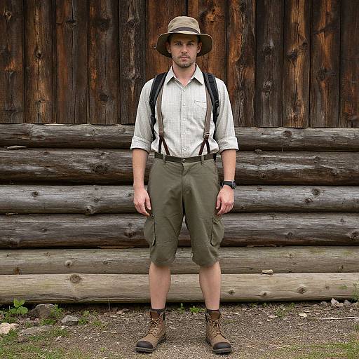 Photograph of a bearded man in a white shirt, olive cargo shorts, brown boots, and suspenders, standing in front of a wooden log