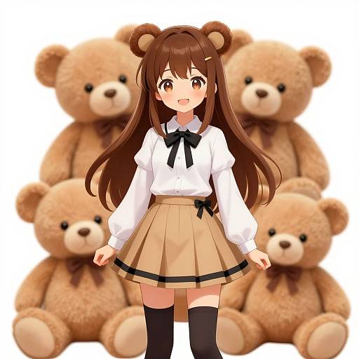 Cheerful Anime Girl with Teddy Bears