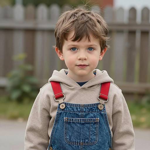 Young boy in denim overalls outdoors