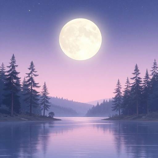 Digital artwork of a serene, moonlit forest lake with a large, glowing full moon above, reflecting on calm waters. Silhouetted pine trees
