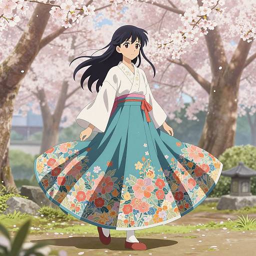 Anime-style drawing of a young woman with long black hair, wearing a white kimono top and blue floral hakama, standing in a cherry blossom-filled
