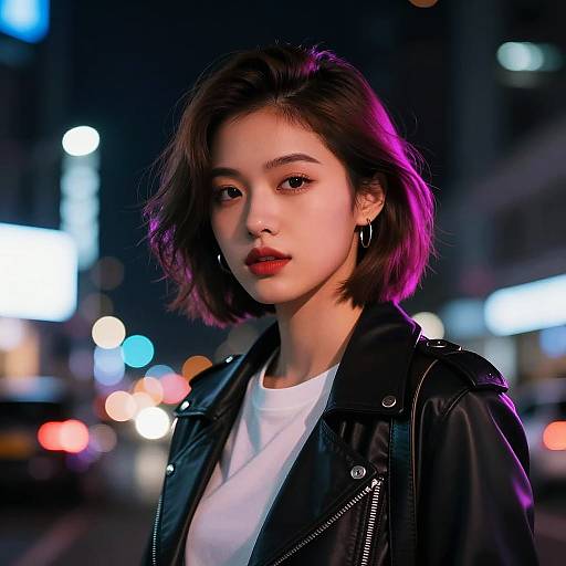 Young Woman in Leather Jacket at Night