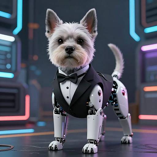 CGI image of a white, robotic Yorkshire Terrier with black vest and bow tie, standing in a futuristic, neon-lit room.