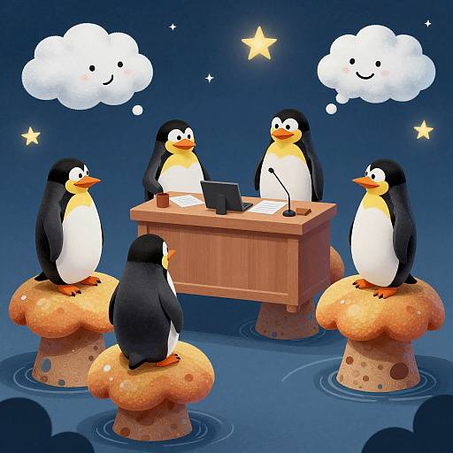 Cartoon penguins at a wooden desk, standing on mushroom-like rocks, with smiling clouds and stars in a night sky background.