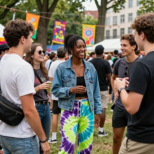 Photograph of diverse young adults at a vibrant outdoor festival, laughing and chatting. Central Black woman with dreadlocks, denim jacket, and tie-dye