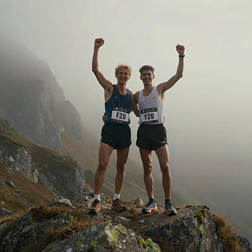 Victorious Marathon Runners on Alpine Ridge