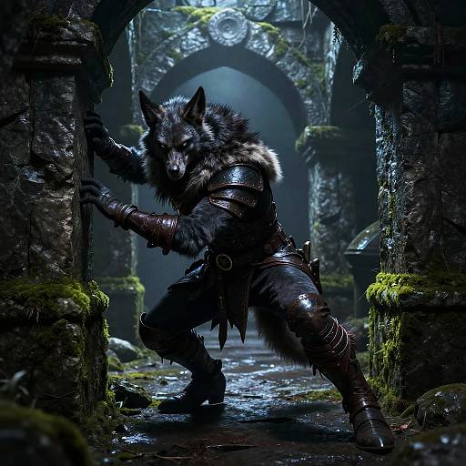 Digital artwork of a muscular, armored werewolf with fur and fangs, crouching in a dark, mossy, ancient stone archway.