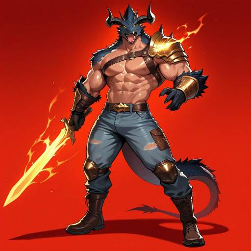 Muscular Hero with Dragon Behemoth Muscular Hero with Dragon Behemoth