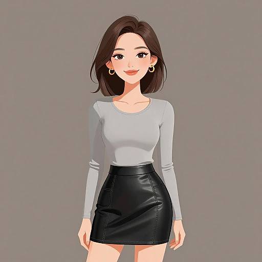 Digital anime-style drawing of a smiling woman with shoulder-length brown hair, wearing a light gray long-sleeve top and black leather skirt, against a