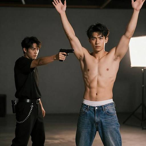 Tense Standoff: Shirtless Man in Jeans