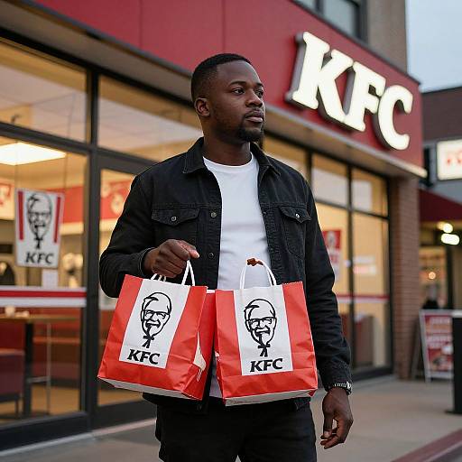 Photograph of a Black man with a beard, wearing a black denim jacket over a white shirt, holding two red KFC shopping bags with black K