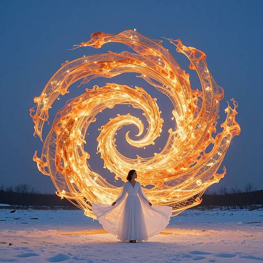 Photograph: Woman in white dress standing in snow, creating swirling fire vortex with outstretched arms against twilight blue sky.