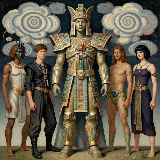 Photograph-like digital art of four ancient Egyptians standing before a central, ornate, gold and turquoise pharaoh statue with cloud backdrop.