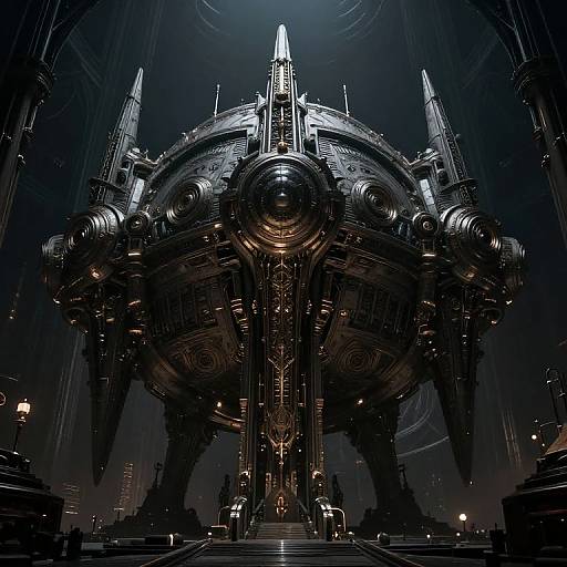 Photorealistic CGI of a massive, futuristic, dark metallic spaceship with intricate designs, towering lights, and complex machinery, set against a dimly lit