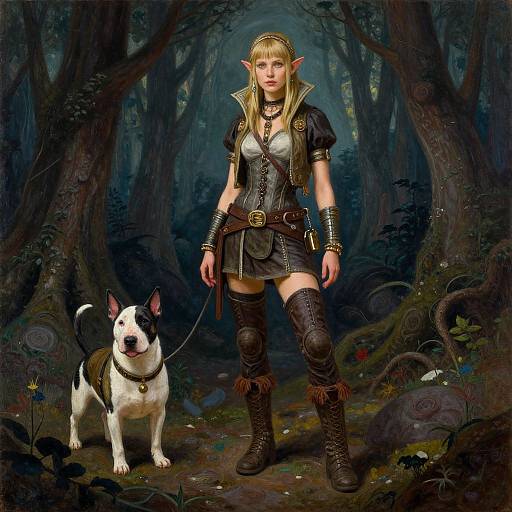 Digital fantasy artwork: Blonde elven woman with pointed ears, black armor outfit, thigh-high boots, holding dog leash, in dark forest.