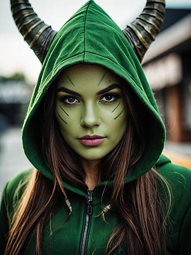 Woman in Green Goblin Costume with Horns