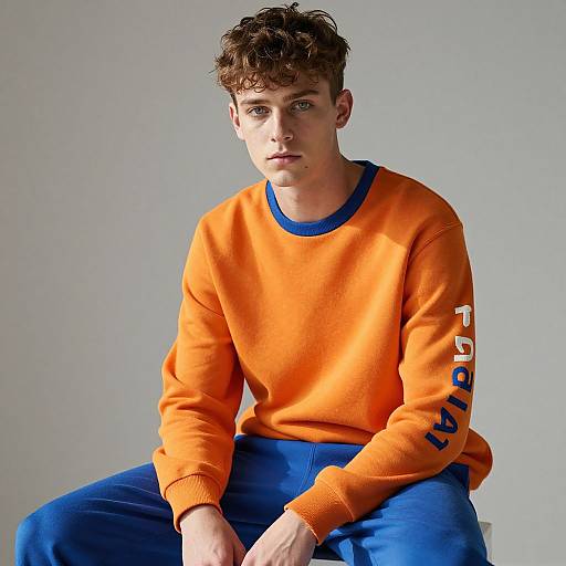 Photograph of a young man with curly brown hair, wearing an orange sweater with blue trim and 