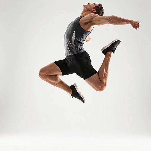 Photograph of a muscular, tattooed man in a black sleeveless shirt and shorts, mid-air jump with arms and legs spread, against a white