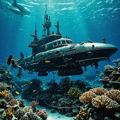 Mermaid Mechanic Fixing High-Tech Submarine Underwater