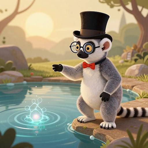 CGI image of a cute, anthropomorphic lemur in a black top hat, red bow tie, and glasses, conjuring blue water magic by