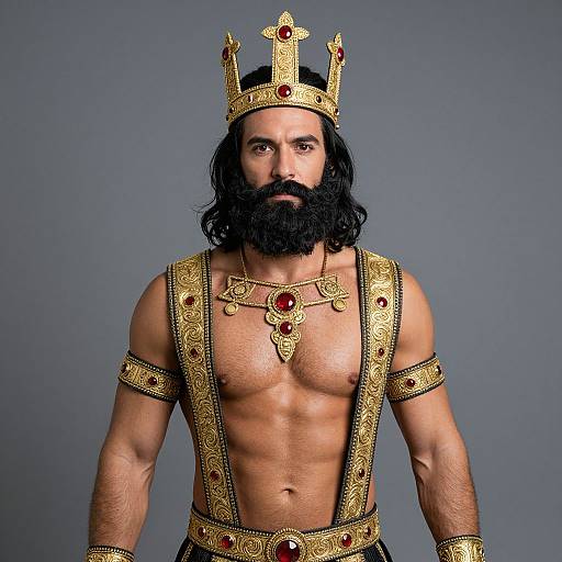 Photograph of a muscular, bearded man with dark hair, wearing a gold crown, ornate gold and red jewelry, and a matching arm and