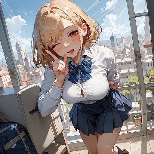 Winking Schoolgirl in Cityscape