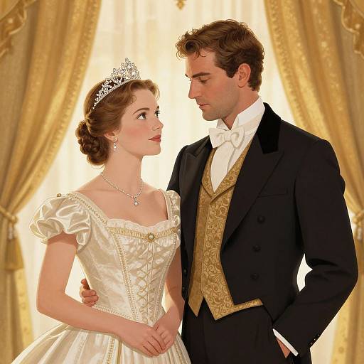 Digital illustration of a fair-skinned, brown-haired bride in a white satin gown with tiara, and a fair-skinned, brown-haired groom in