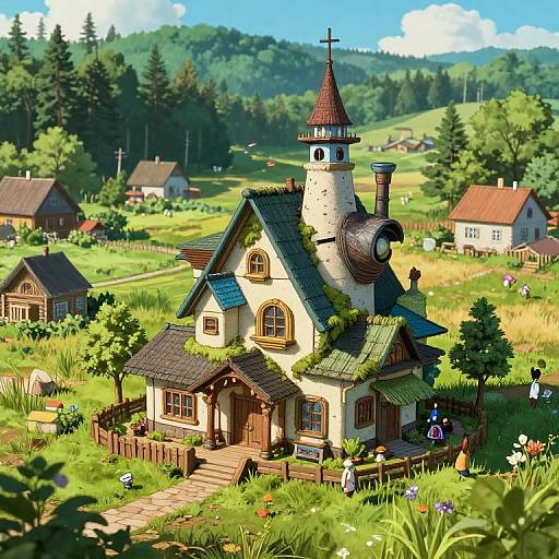 Digital art of a whimsical, fairy-tale cottage with a tower, surrounded by lush green fields, colorful flowers, and small houses, under a