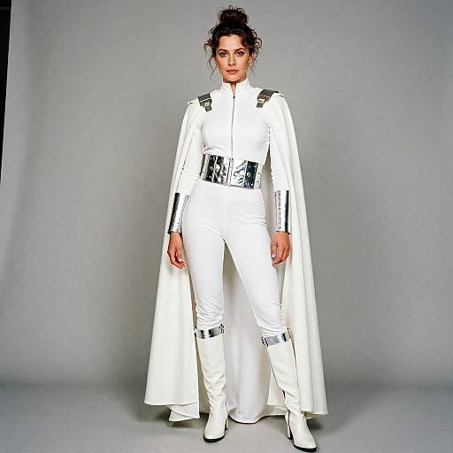 Photograph of a woman with curly dark hair, wearing a white, long-sleeved, high-collared jumpsuit with silver accents, belt