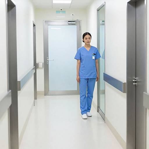 Photograph of an Asian woman in blue medical scrubs and white shoes walking down a brightly lit, sterile hospital hallway.