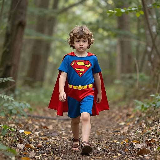 Child in Superman Costume in Forest