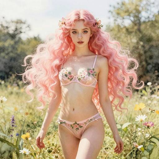 Fairy Woman in Floral Lingerie in Meadow