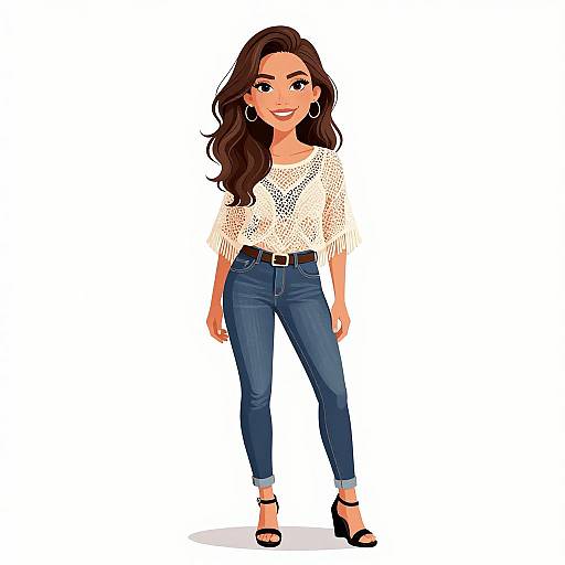 Digital illustration of a smiling woman with long brown hair, wearing a white lace top, blue jeans, black belt, and black heels.