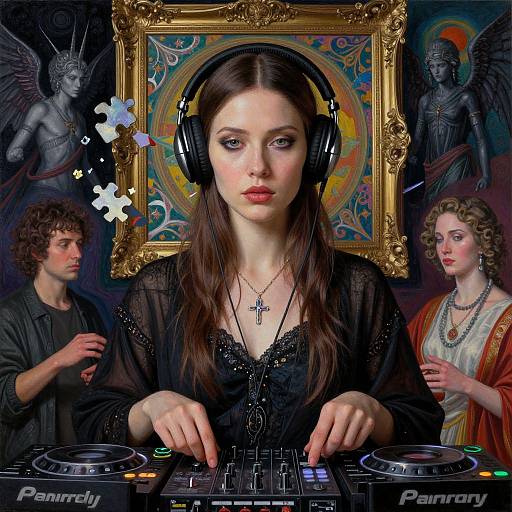 Digital artwork of a fair-skinned woman with brown hair, black dress, and headphones, DJing in front of a gold frame with angelic figures