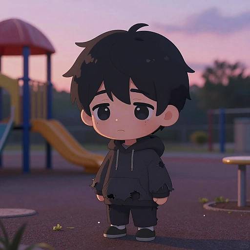 Chibi-style digital drawing of a sad boy with black hair, wearing a dark hoodie and pants, standing in a twilight playground. Pink and purple sky
