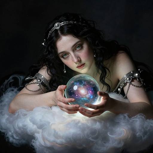 Photorealistic digital artwork of a pale-skinned, dark-haired woman with a silver tiara, holding a glowing, cosmic orb on a cloud,