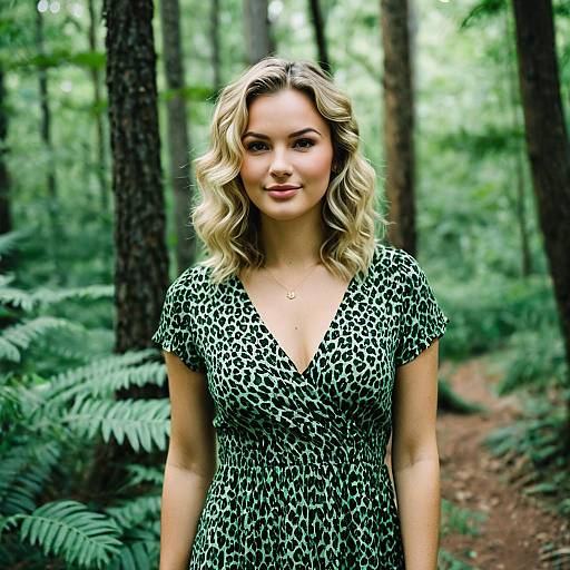 Blonde Woman in Green Leopard Print Dress in Forest