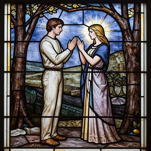 Stained glass artwork of a man in white praying to a haloed woman in blue dress, hands clasped, under a tree arch.