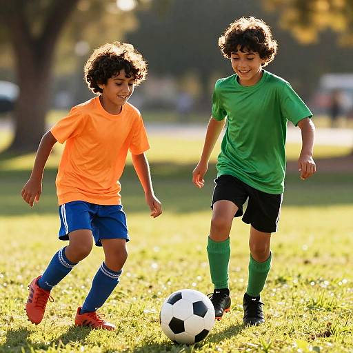 Hispanic Boys Playing Soccer Outdoors