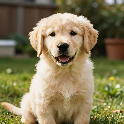 Smiling Golden Retriever Puppy in Garden