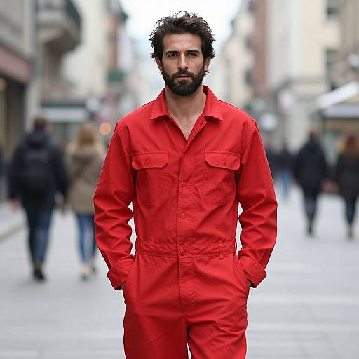 Photograph of a bearded man with dark hair, wearing a bright red jumpsuit, standing confidently on a blurred city street.