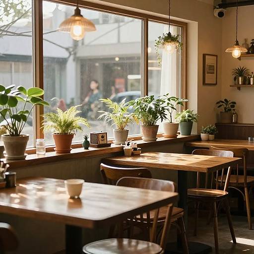 Sunlit café with wooden tables, metal chairs, potted plants, large window, hanging lights, and soft morning light filtering through.