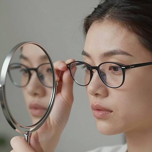 Woman Adjusting Glasses in Mirror